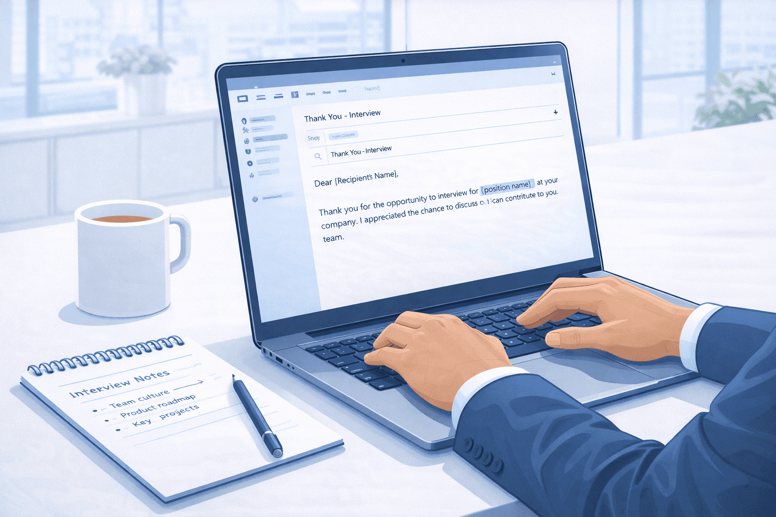 Professional writing a thank you email after a job interview using a laptop in 2026 with examples and templates