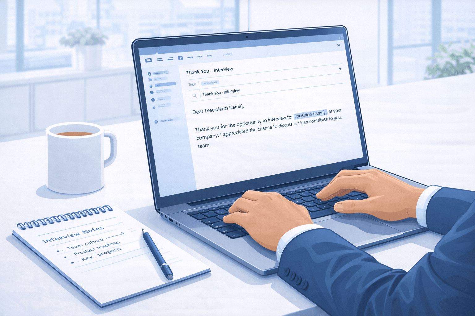 Professional writing a thank you email after a job interview using a laptop in 2026 with examples and templates