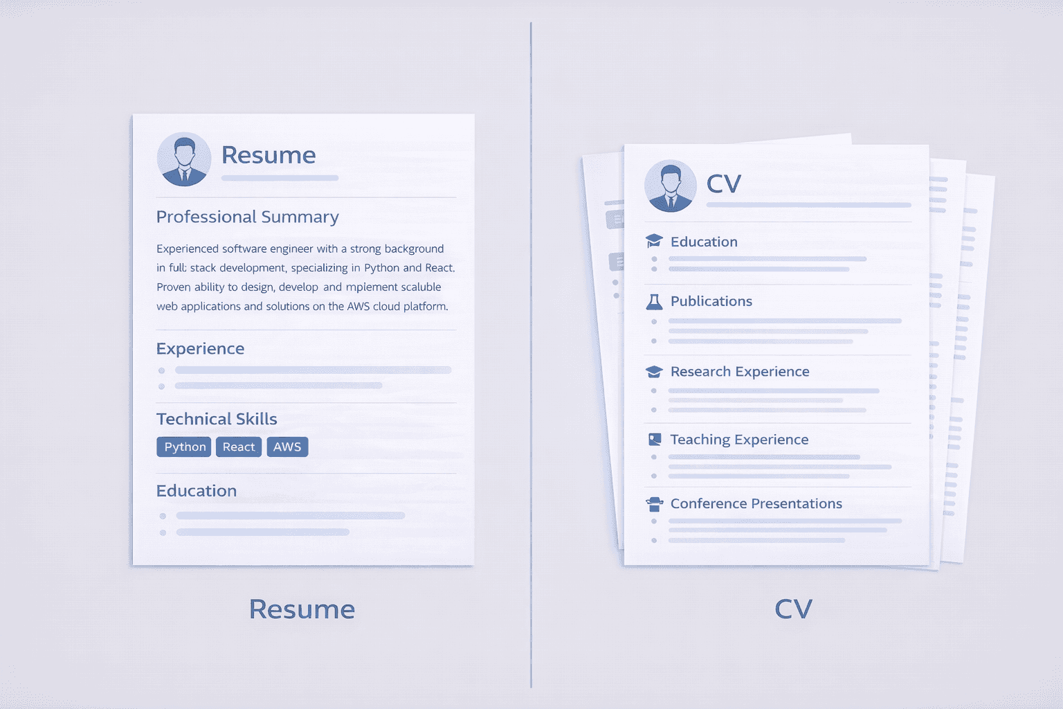 Side-by-side comparison of resume vs CV showing key visual differences between one-page resume and multi-page CV