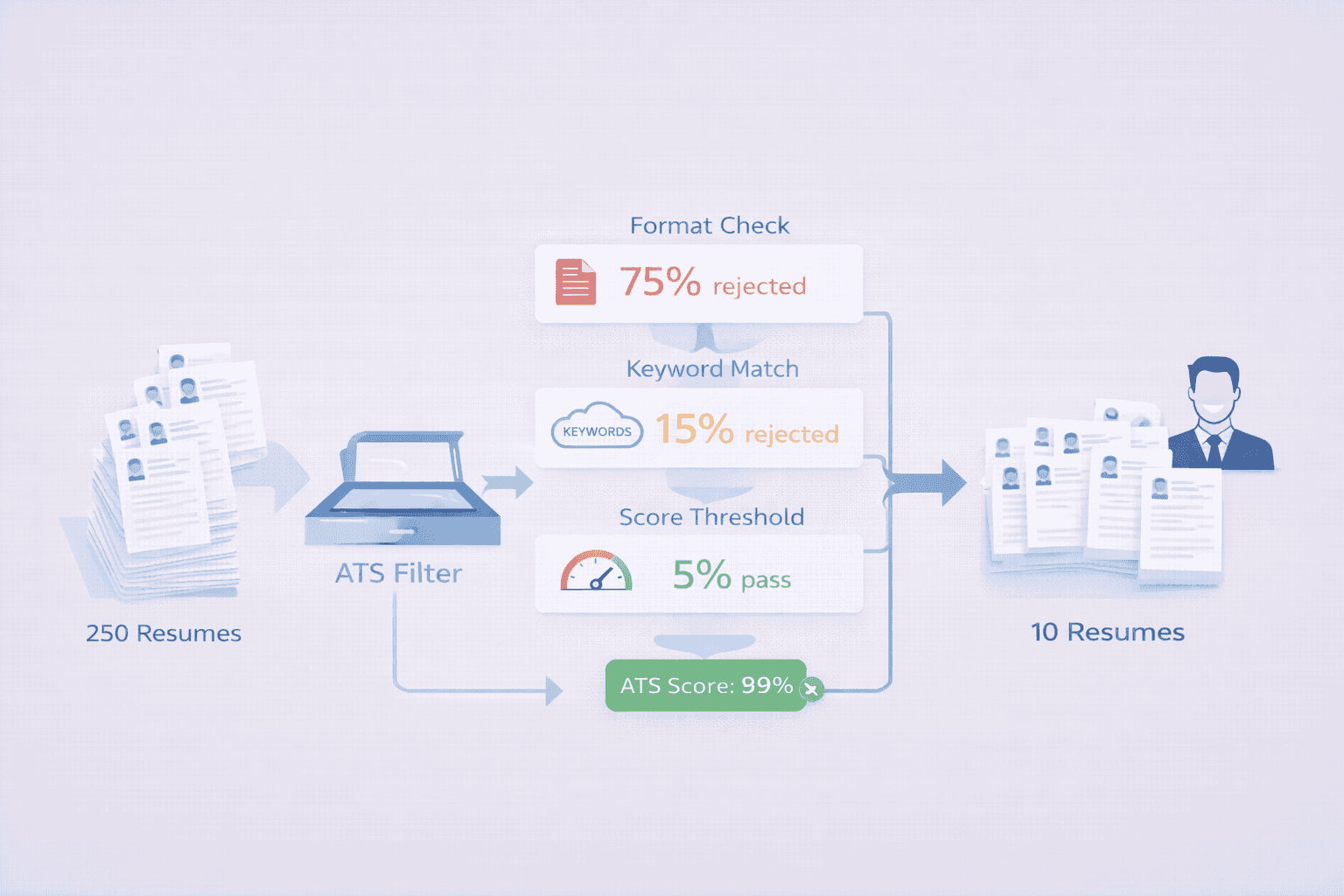 ATS system filtering workflow showing how 250 resumes get reduced to 10 through automated applicant tracking