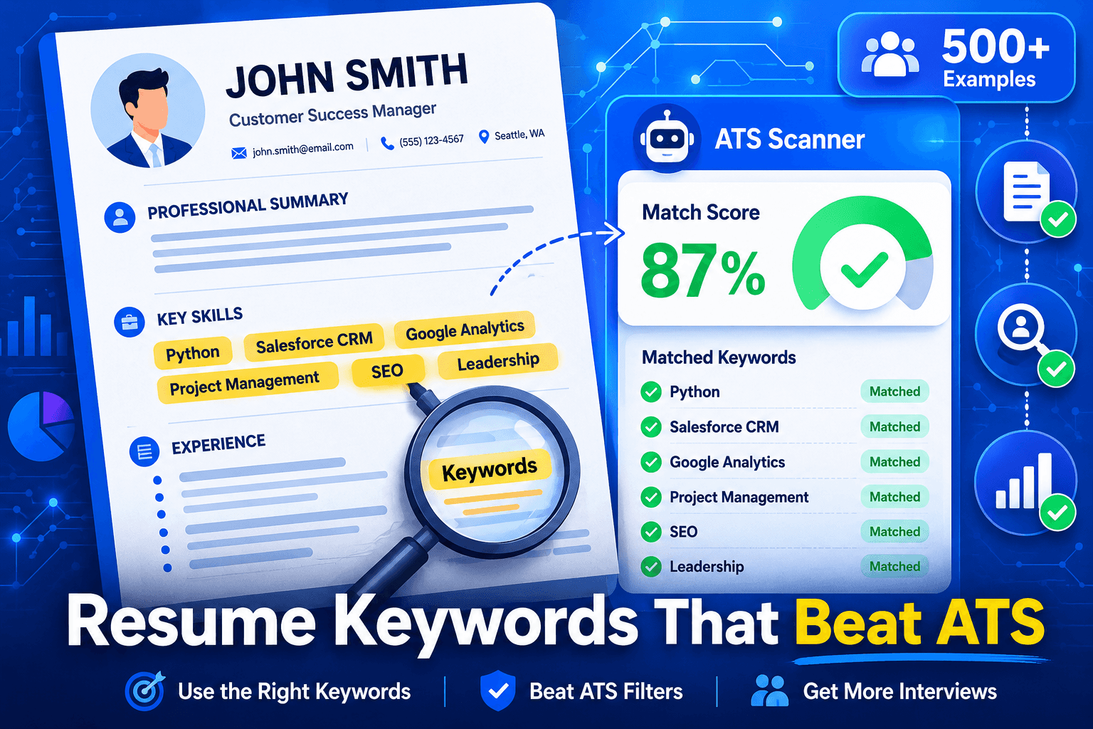 Resume document with keywords highlighted in yellow including Python Salesforce and SEO