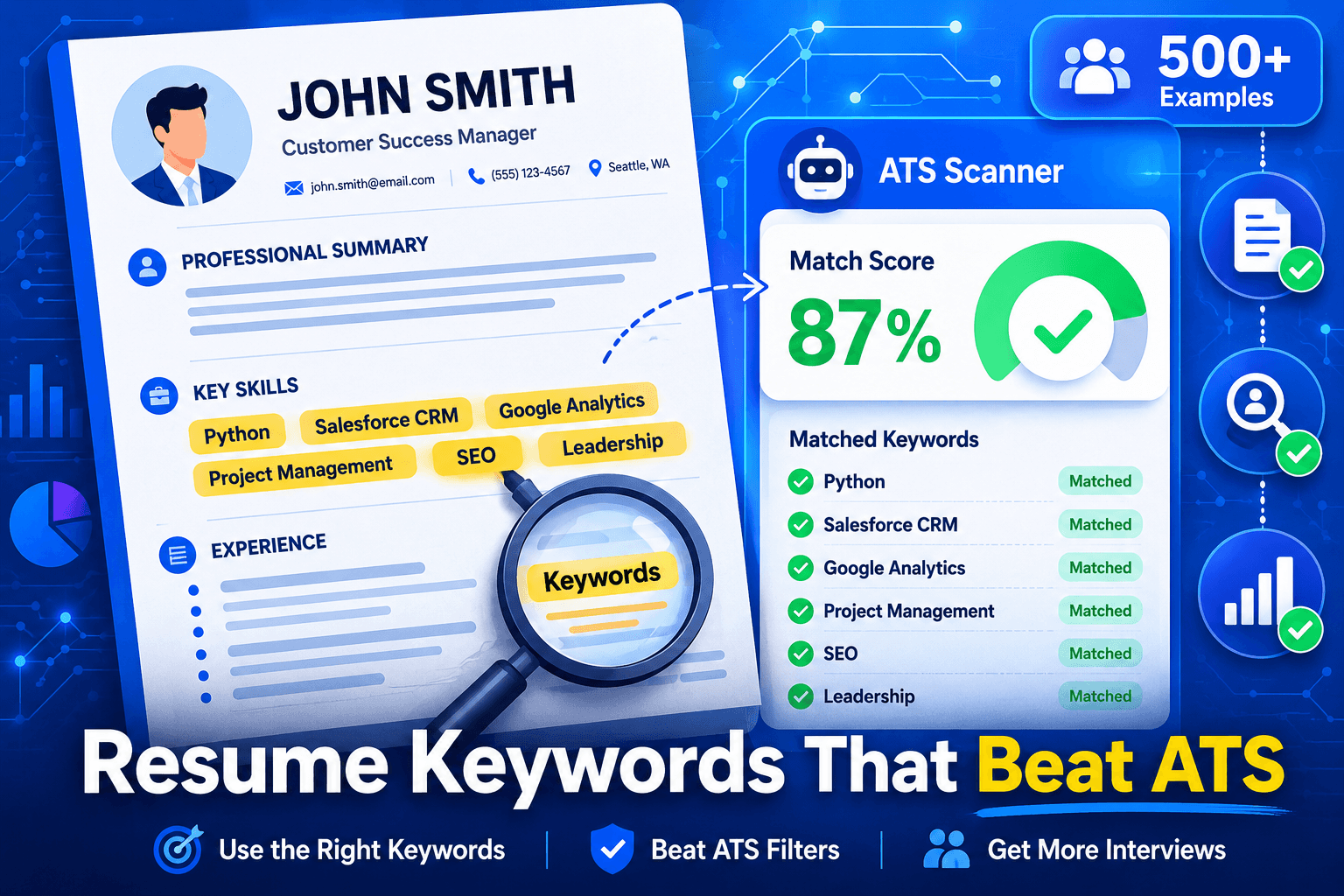 Resume document with keywords highlighted in yellow including Python Salesforce and SEO