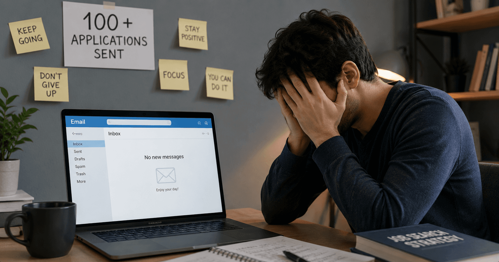 Frustrated job seeker with empty inbox after sending 100+ applications without getting interview responses